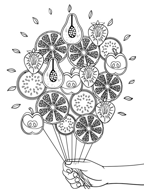 Coloring Page of Hand - Held Colorful Fruit Balloon Illustration