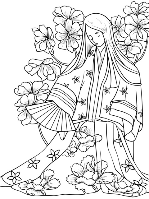 Kimono - clad Girl with Flowers Coloring Page