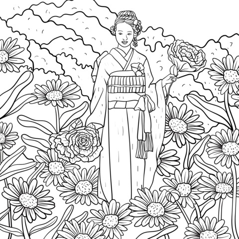 Kimono - clad Woman and Flowers Coloring Page