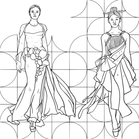 Fashionable Women's Clothing Coloring Page: Two Beautiful Dresses with Unique Styles