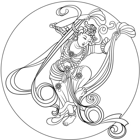 Página para colorir da deusa Apsara voadora de Dunhuang