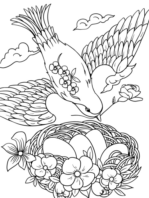 Coloring Page of a Flying Bird and Its Nest