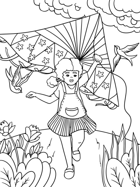 Coloring Page of a Little Girl Flying a Kite Outdoors