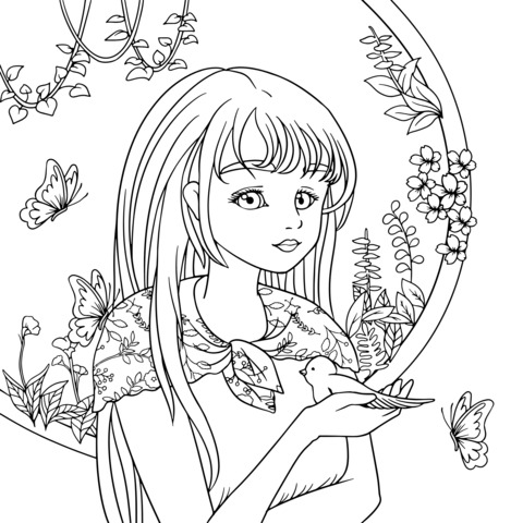 Hand - drawn Girl and Natural Elements Coloring Page