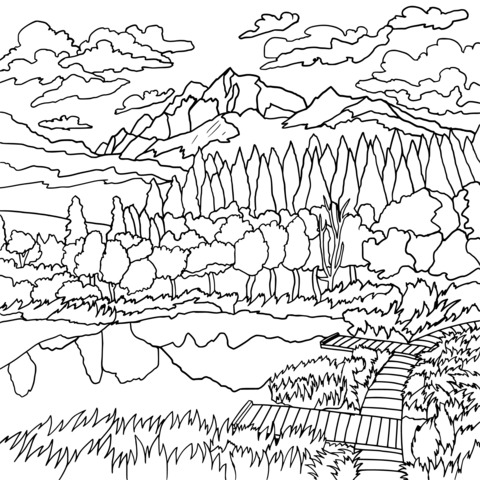 Nature Scenery Coloring Page: Mountain - Forest and Lake View