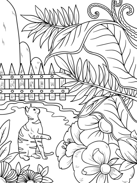 Cat in the Garden Coloring Page