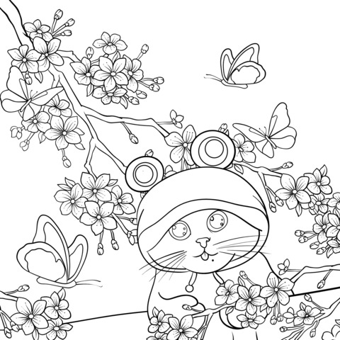 Cat Wearing a Frog Hat with Butterflies and Flowers Coloring Page