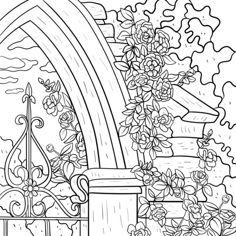 Página para colorear de arco de jardín con portón de hierro forjado y flores