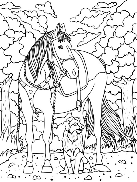 Página para colorir de um cavalo e um cão na floresta