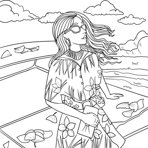 Fashionable Woman in Outdoor Scenery Coloring Page