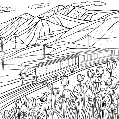 Página para colorir de um trem viajando através de campos de flores e montanhas