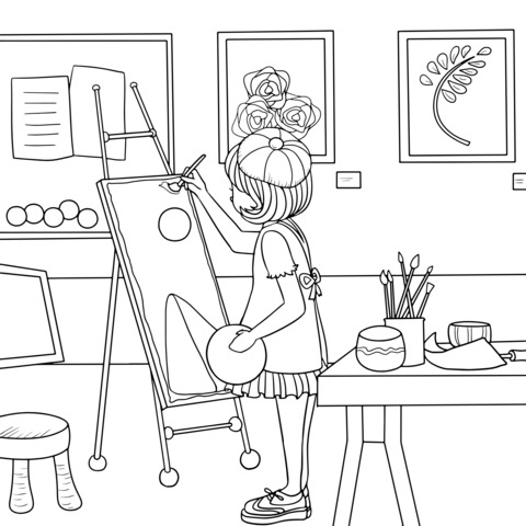 Coloring Page of a Little Girl Painting in an Art Studio