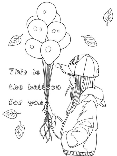 Coloring Page of a Girl Holding Balloons