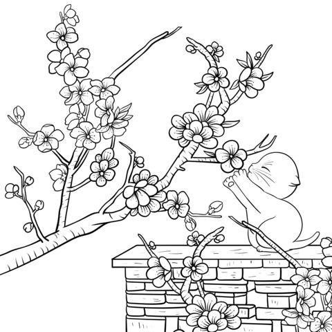 Kitten Admiring Spring Flowers Coloring Page