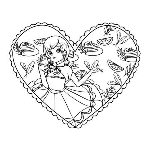 Coloring Page of a Red - Haired Girl in a Heart - Shaped Frame