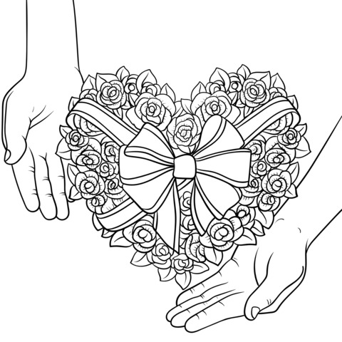 Coloring Page of Heart - shaped Roses Held by Hands