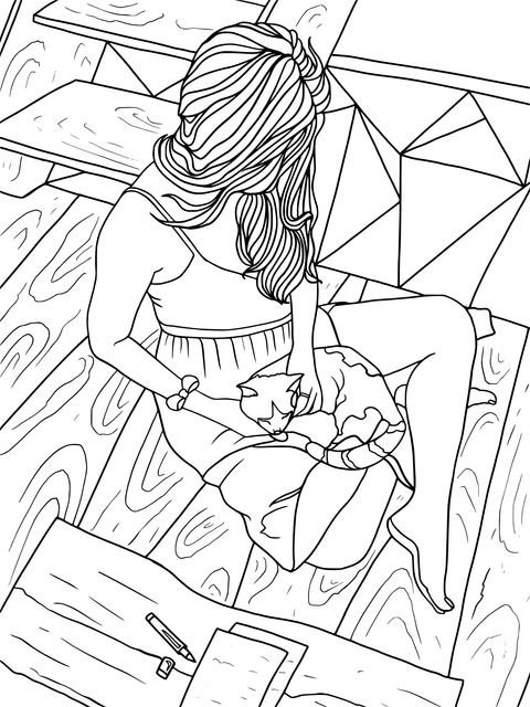 Coloring Page of a Woman and a Cat in a Warm Interaction