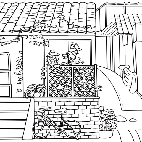 Coloring Page of a Corner of the Courtyard