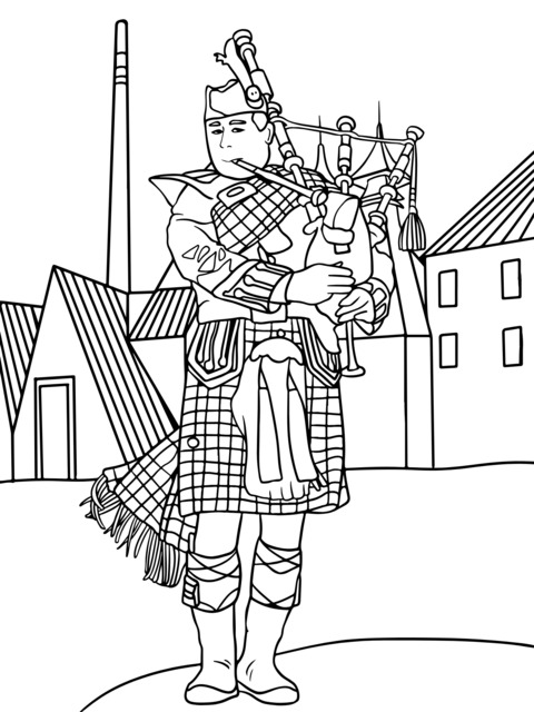 Coloring Page of a Person in Traditional Attire Playing the Bagpipes