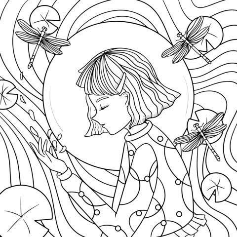 Beautiful Girl and Dragonflies Coloring Page