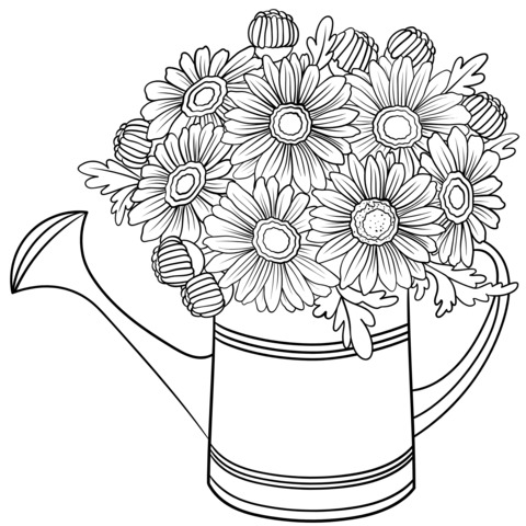 Daisy Flowers in a Watering Can Coloring Page