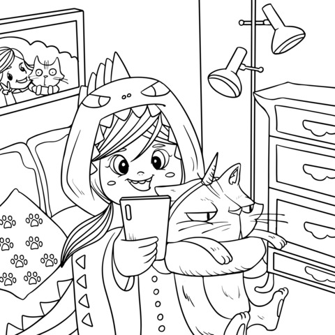 A girl in a dinosaur costume taking a selfie with a cat