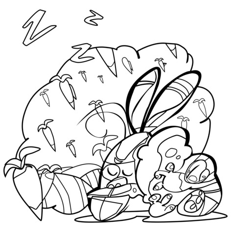 Sleeping Rabbit and Carrots Coloring Page