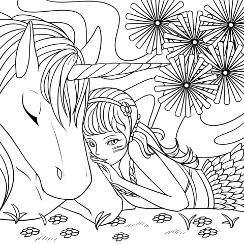 Dibujo para colorear soñador de una chica y un unicornio