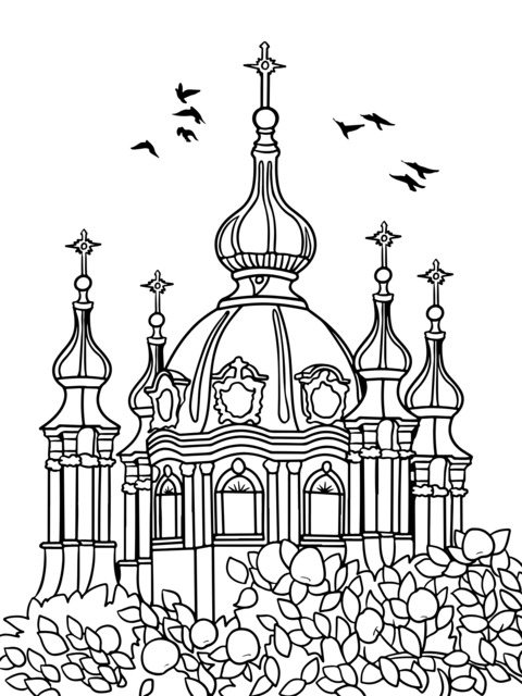 Beautiful Church and Orange Grove Coloring Page