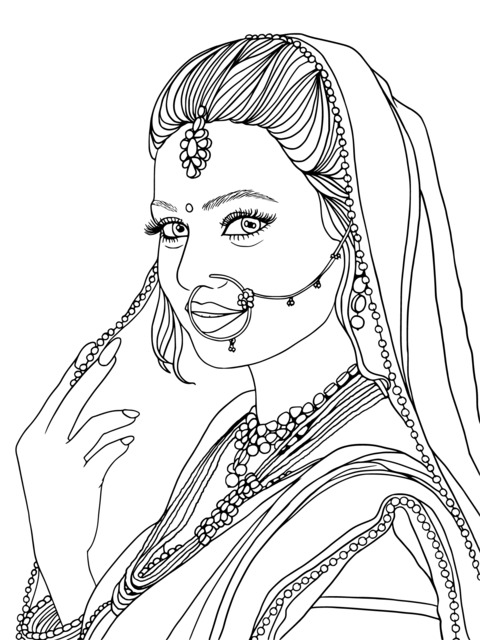 Coloring Page of a Woman in Traditional Indian Attire