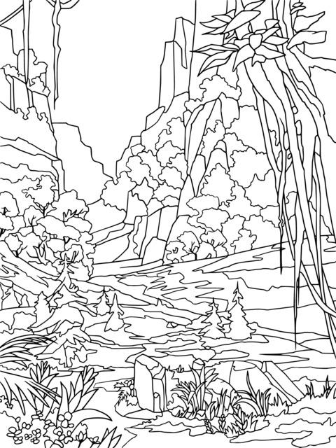 Dreamy Mountain - Forest Landscape Coloring Page