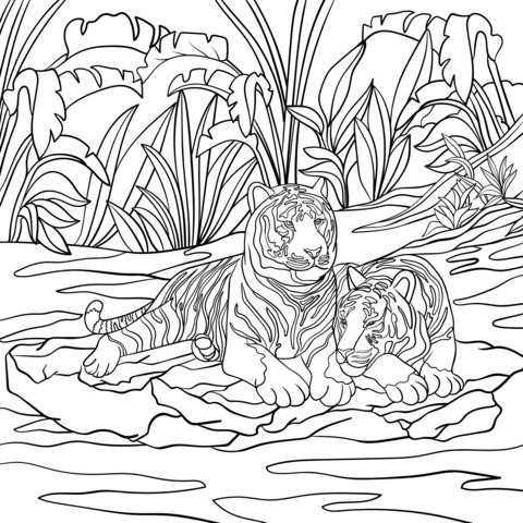 Tigers Resting in the Jungle Coloring Page