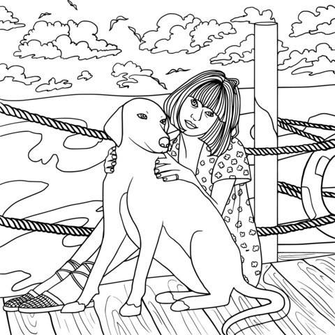 桟橋での女の子と犬の塗り絵ページ