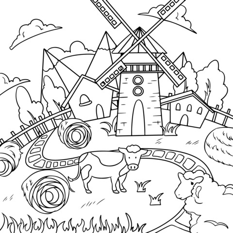 Rural Windmill and Animals Coloring Page