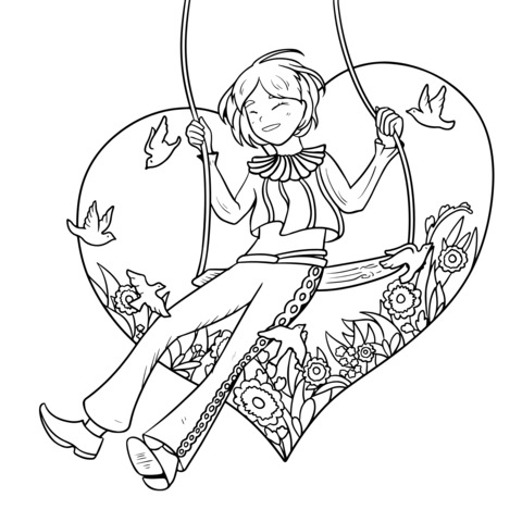 Girl swinging on a heart - shaped swing