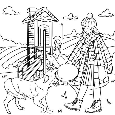 Coloring Page of a Girl and a Dog Playing Outdoors