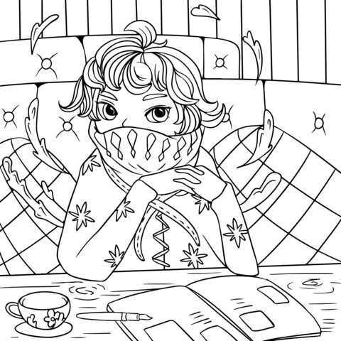 Cozy Time Coloring Page: Girl Reading in Winter