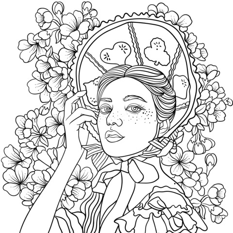 Fashionable Woman Surrounded by Colorful Flowers Coloring Page