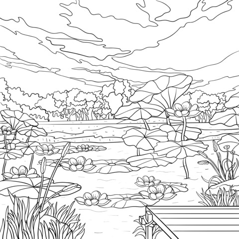 Beautiful Lotus Pond Landscape Coloring Page