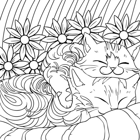 Página de Colorear de un Gato Adorable y Flores