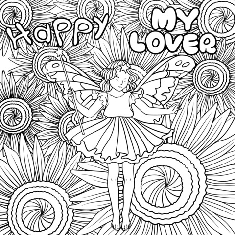 Cute Fairy and Sunflowers Coloring Page