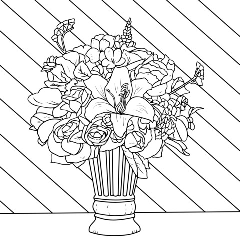 Coloring Page of Colorful Flowers in a Vase