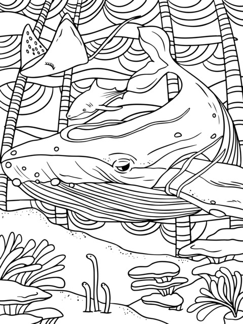 Ocean Creatures Coloring Page: Whale and Manta Ray