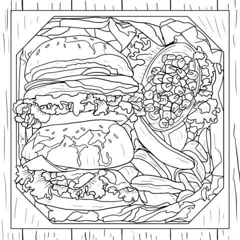 Página para colorear de un delicioso set de hamburguesa