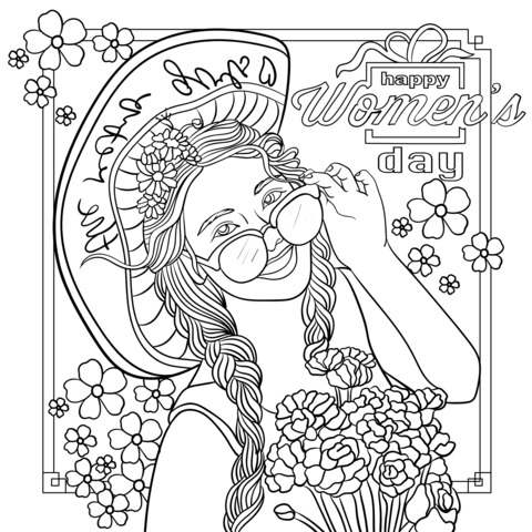 Mujer Feliz con Sombrero y Flores en la Ilustración para Colorear del Día de la Mujer