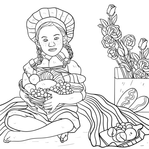 Coloring Page of a Girl Holding a Fruit Basket