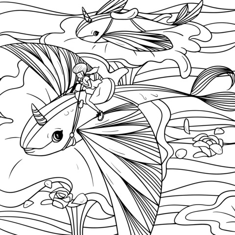 Fantasy Coloring Page: Riding Unicorn - fish