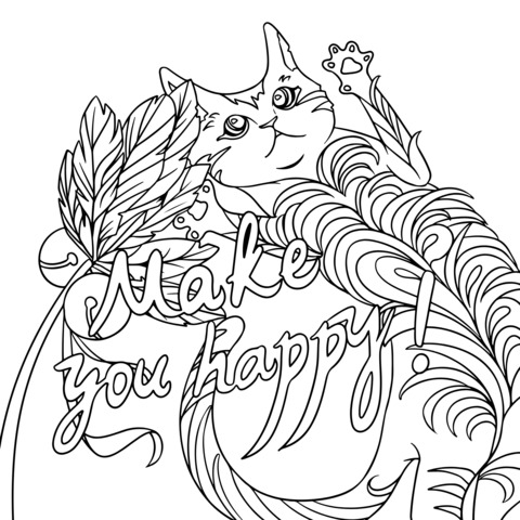 Cute Cat and Feather Coloring Page: Make You Happy