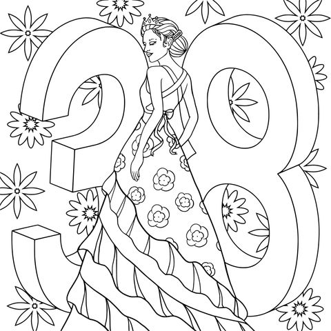 38 Women's Day Coloring Page: Elegant Woman with Floral Digital Illustration