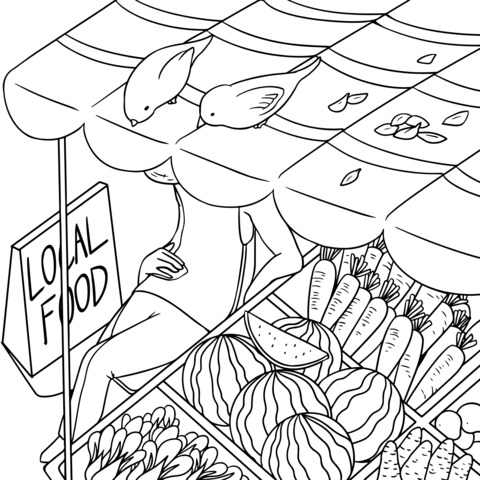 Local Food Stall Coloring Page: Vendor with Fruits, Vegetables and Birds Scene